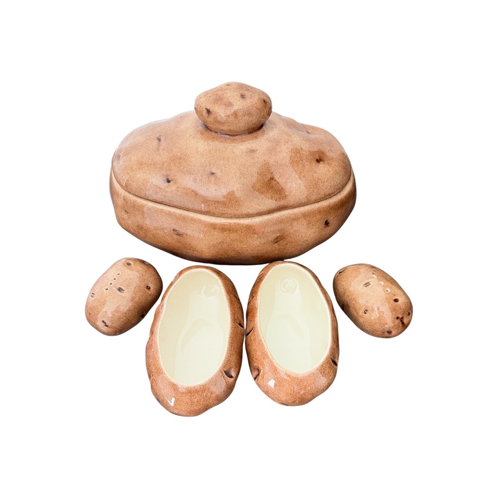 Handmade Ceramic Baked Potato Nesting Serving Bowls & Salt Pepper Shaker Set